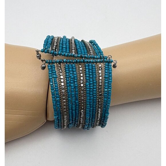Blue & Silver Beaded Coil Bracelet Stretch Design Silver Tone Bohemian Style - Picture 2 of 6